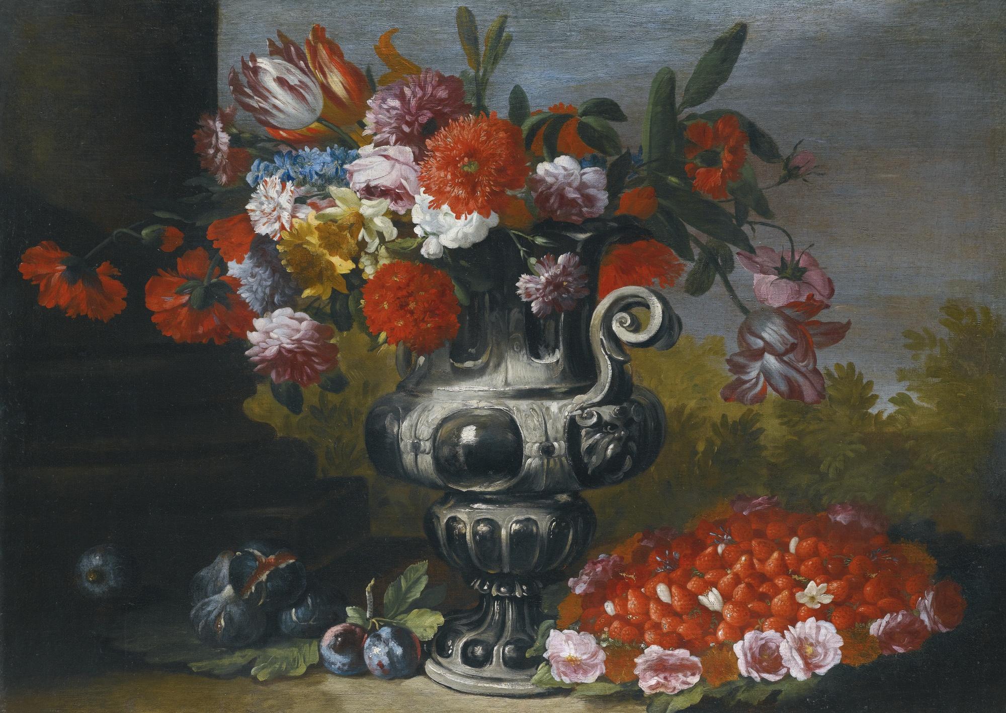 Still life with a gilt tazza and a basket filled with flowers by