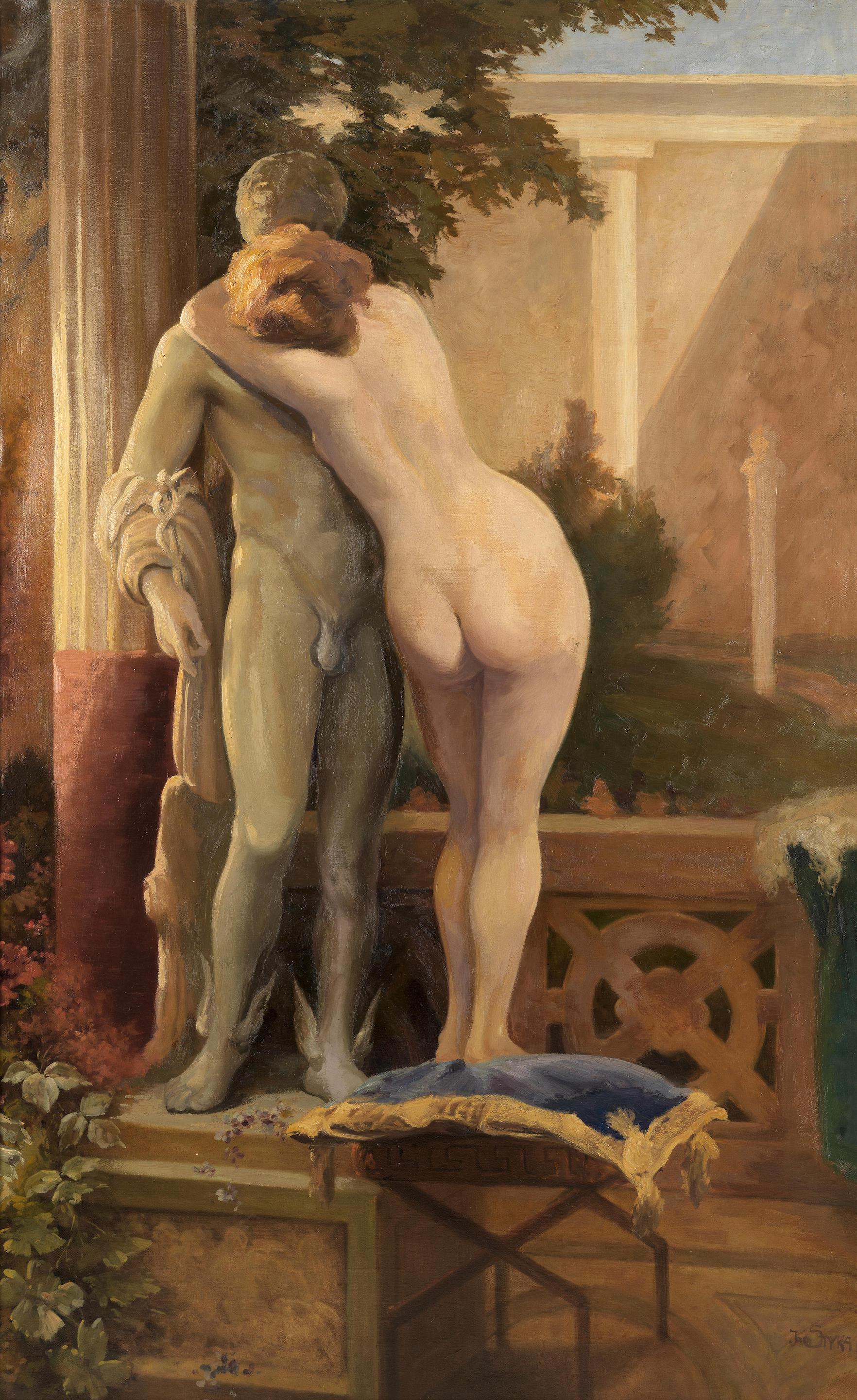 Nude embracing a statue of Hermes by Adam Styka | Art.Salon