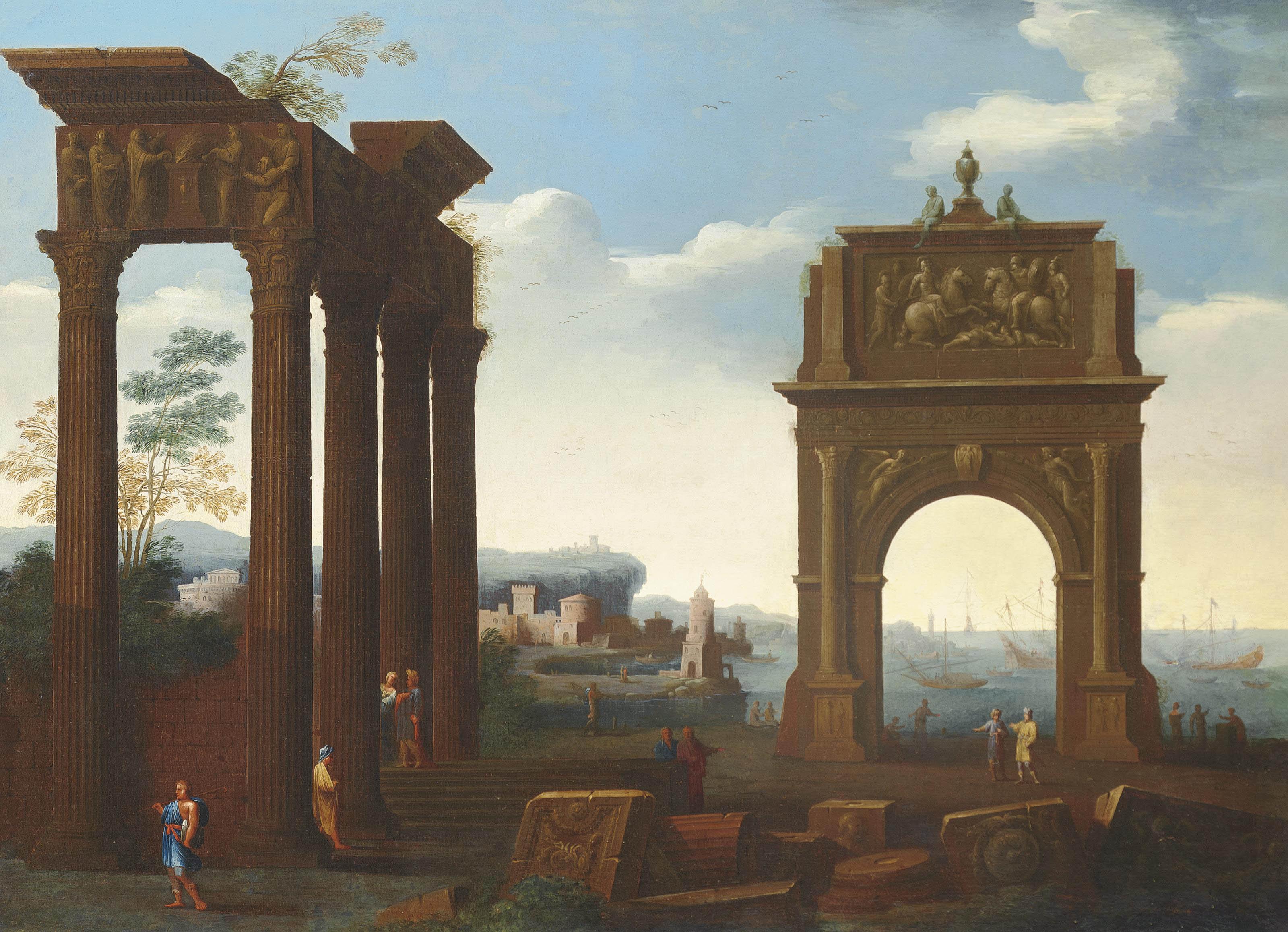 An architectural capriccio with figures among classical ruins, a ...