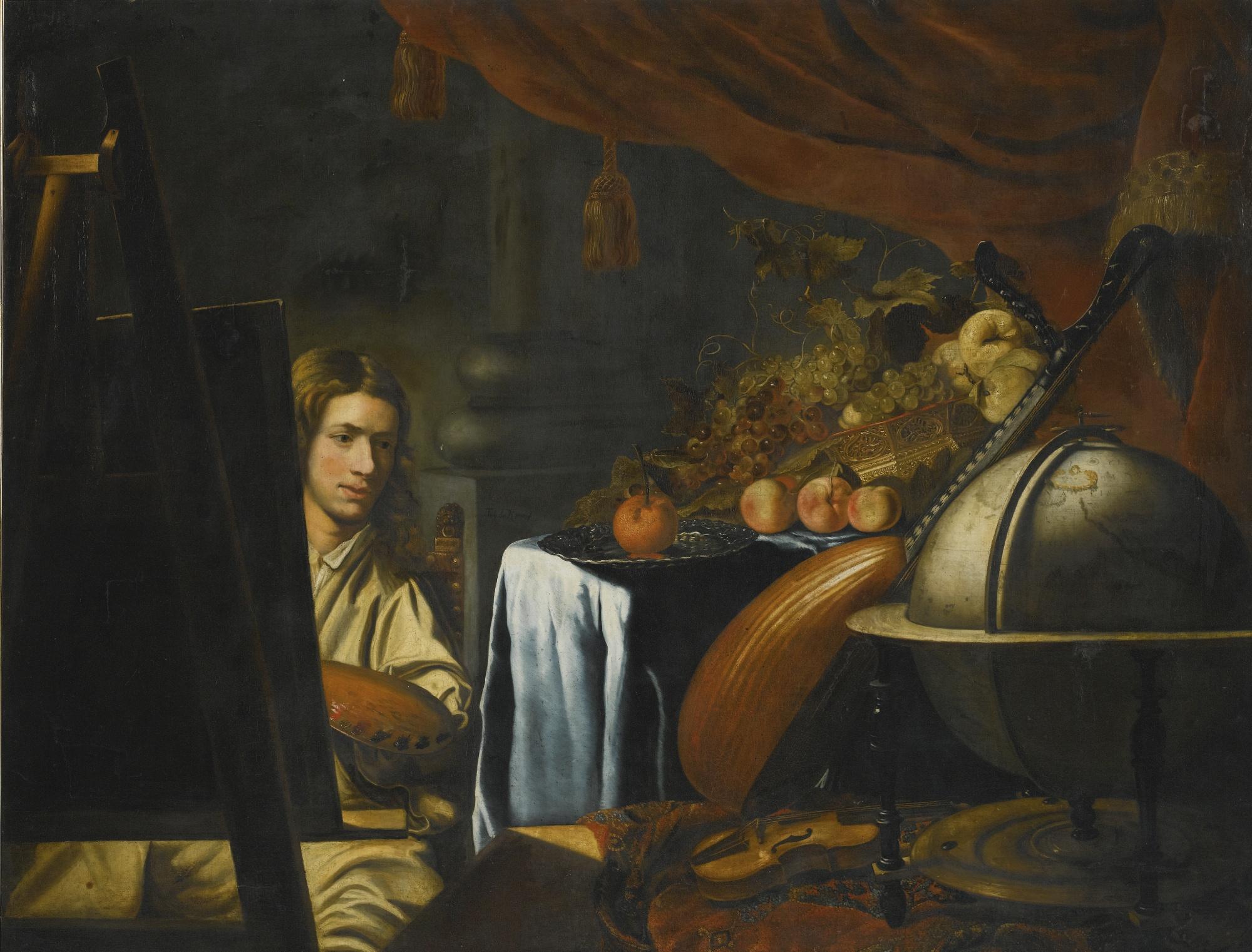 An Artist At Work In His Studio With A Vanitas Still Life Of Fruit, A ...