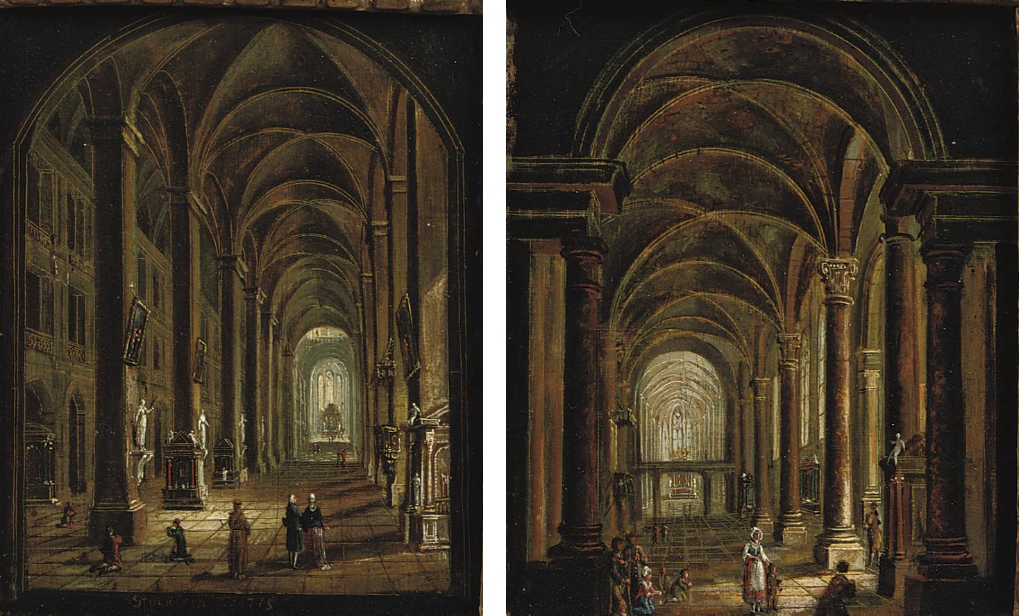 A church interior with figures praying and conversing and; A church ...