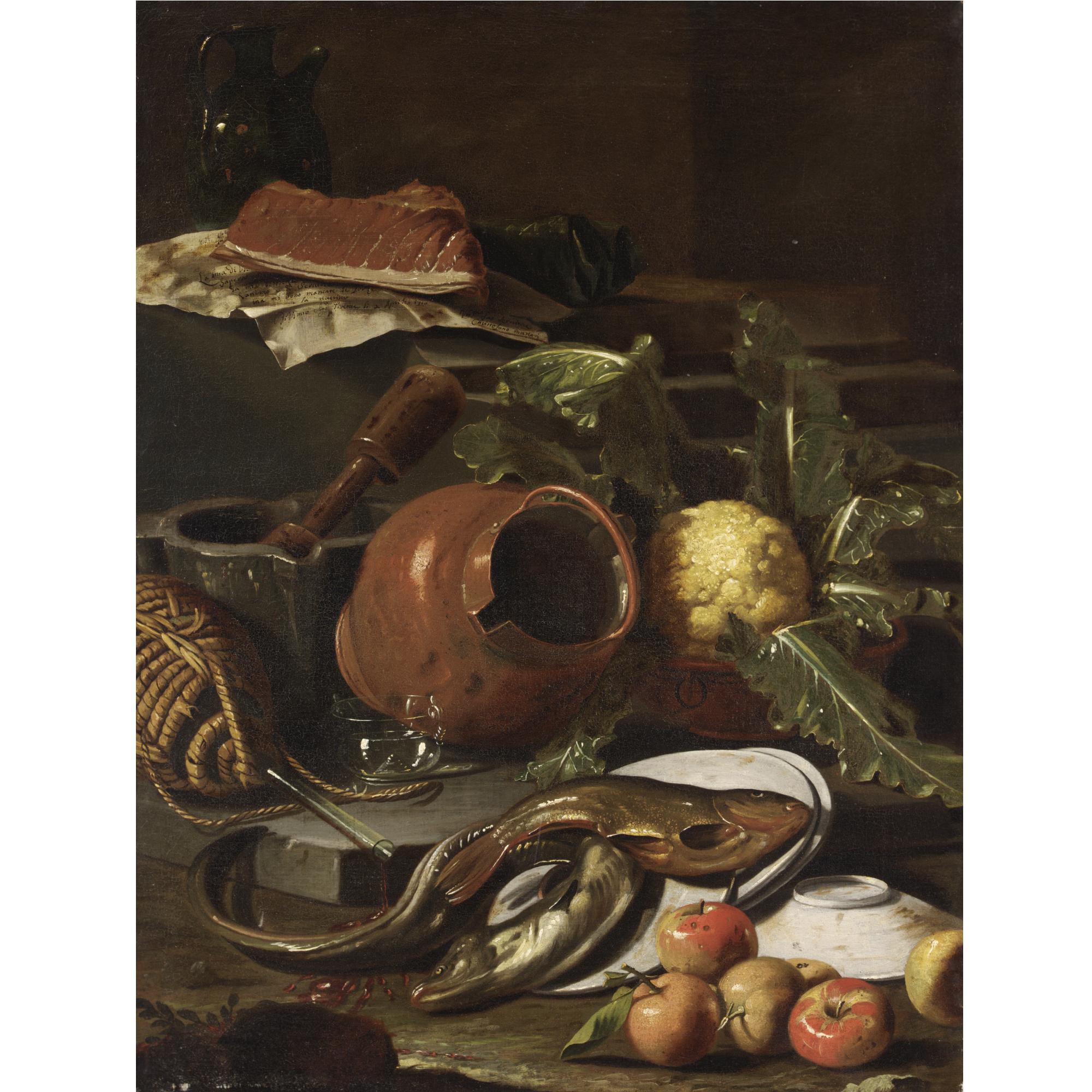 Natura Morta Con Pesce, Brocca Di Vetro, Pezzo Di Carne Su Foglio Di Carta,  Cavolo, Orcio Di Rame, Mortaio Con Pestello, Fiasco Di Vino, Piatti, Pesce,  Mele E Arancia oil painting reproduction