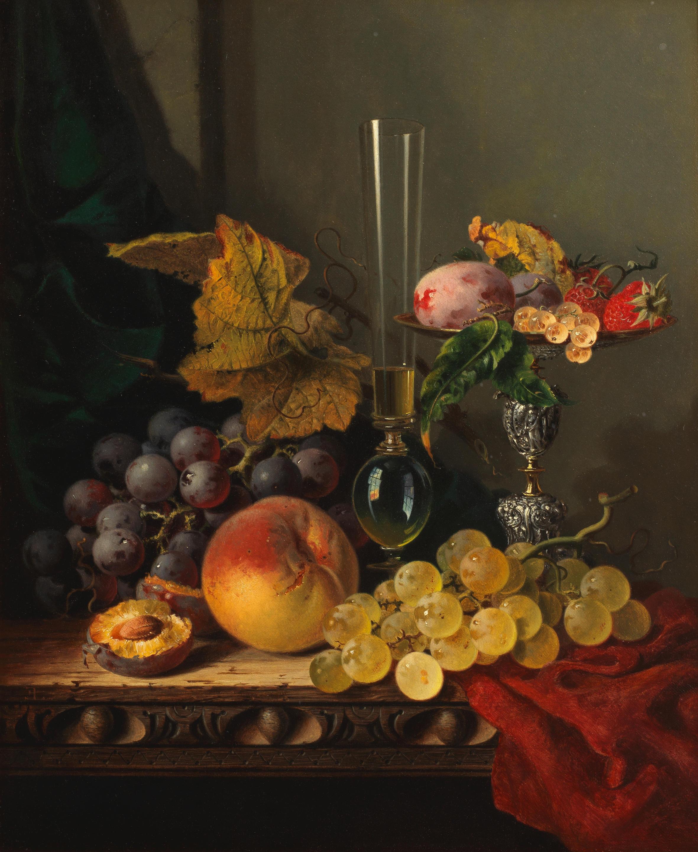 Fruit on a tazza with grapes, a peach and a wine glass by Edward Ladell ...