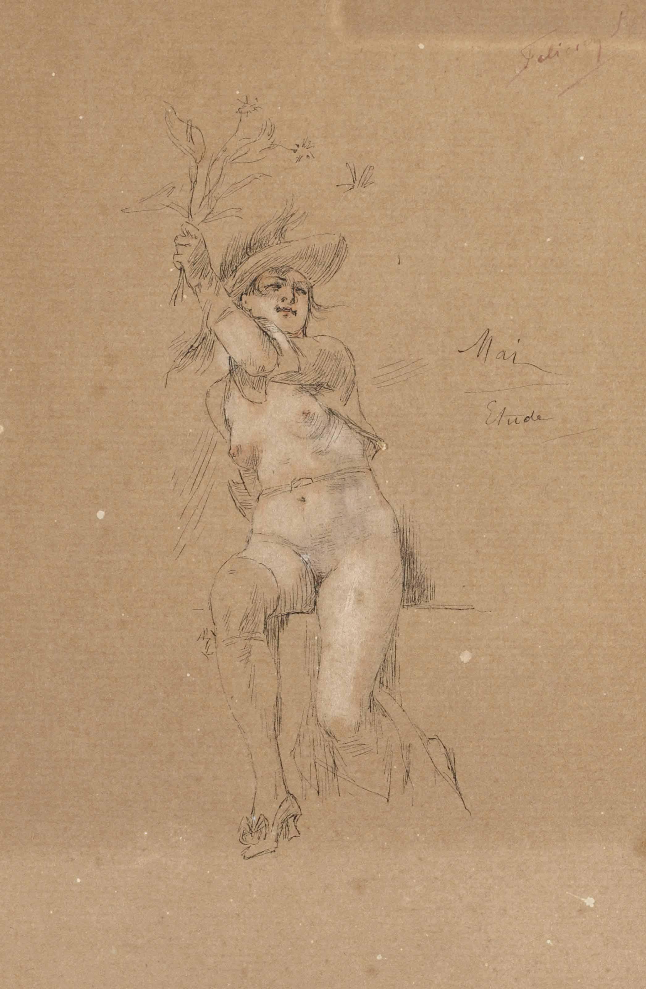 Femme nue assise tenant des fleurs; et Un satyre by Felicien-Joseph-Victor  Rops | Art.Salon