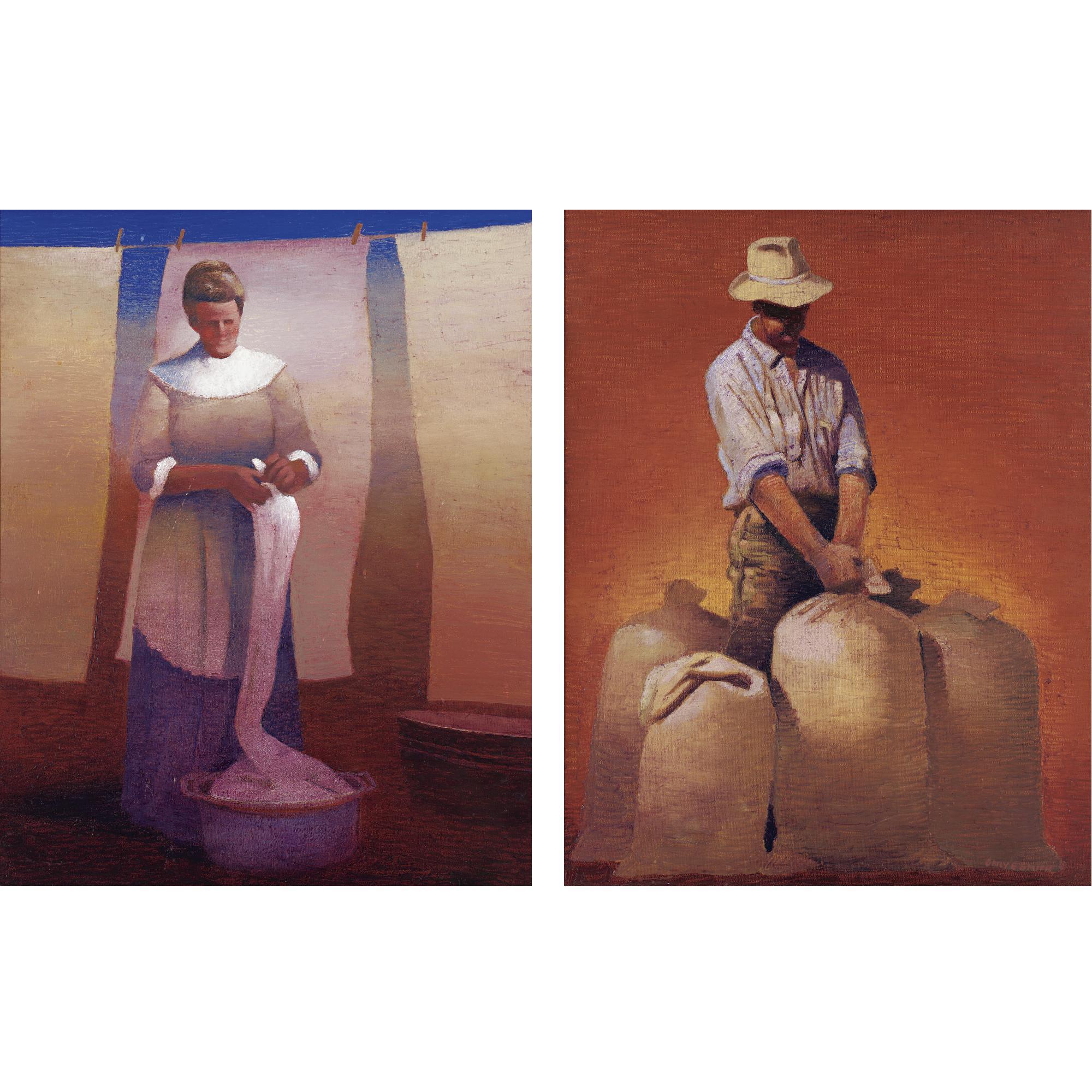 Farmer With Stacks Of Grain And Laundry Woman Two Paintings By Gary   Gary Ernest Smith Farmer With Stacks Of Grain And Laundry Woman Two Paintings AID134739 