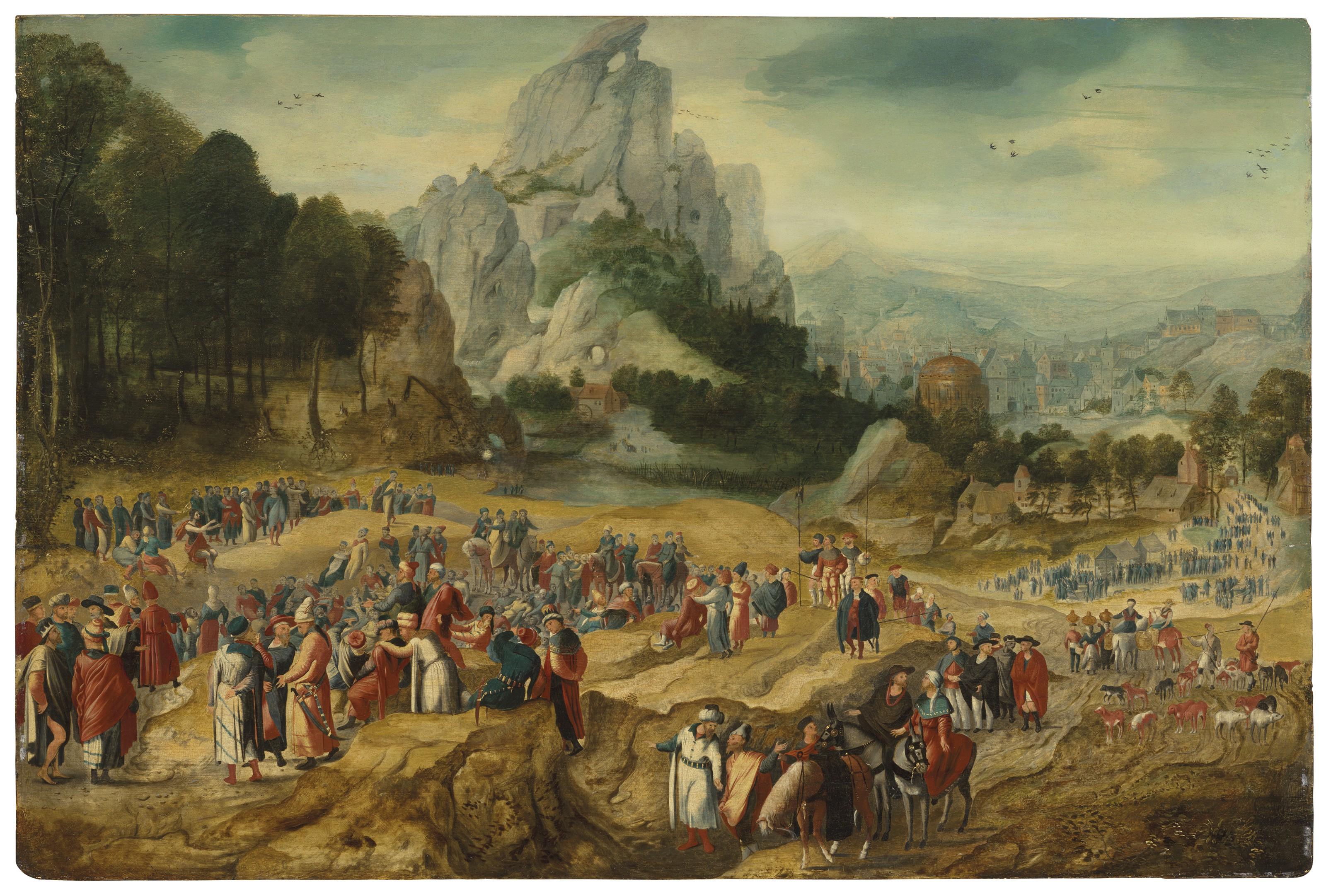 An extensive landscape with the Preaching of Saint John the Baptist and ...