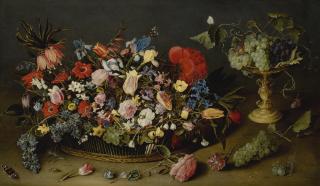 An Elaborate Basket Of Flowers And A Tazza With Grapes, On A Table Top by  Jacob van Hulsdonck