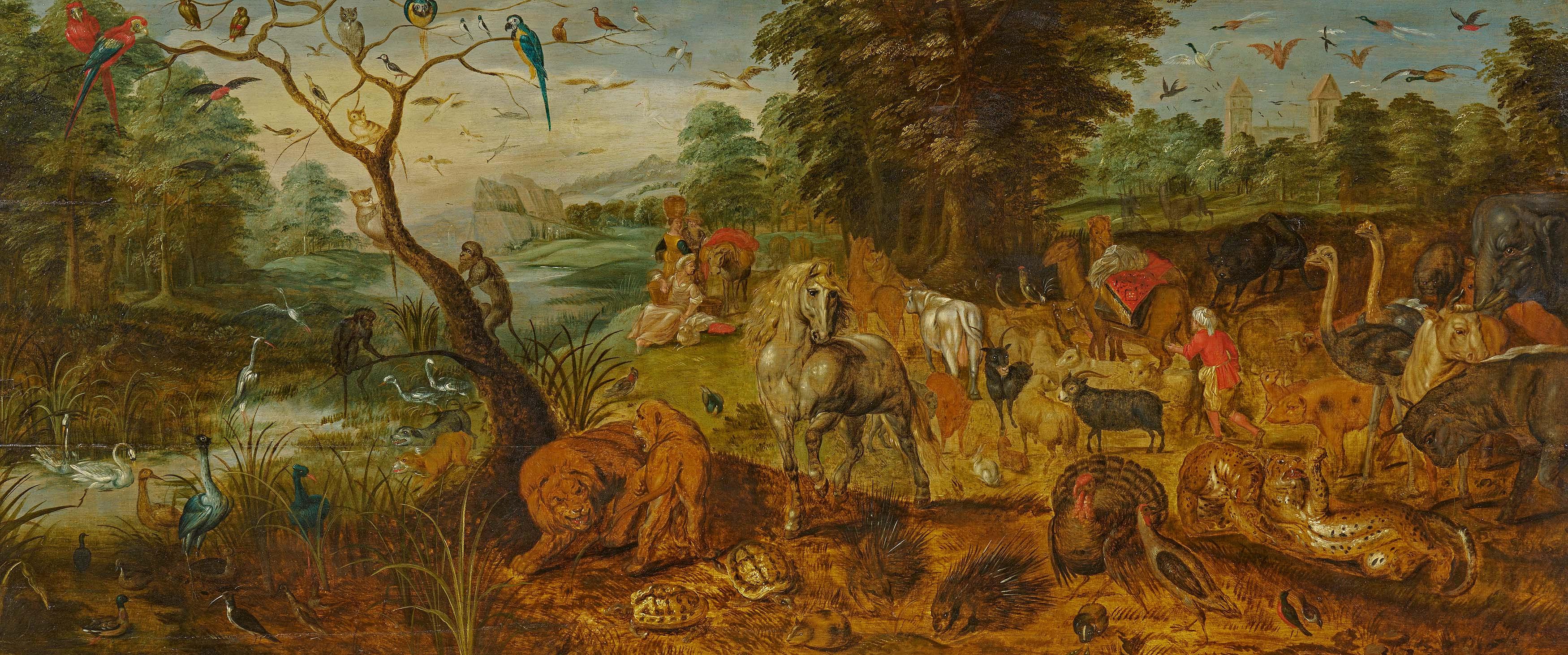 Paradieslandschaft mit Einzug der Tiere in die Arche Noah. by Jan