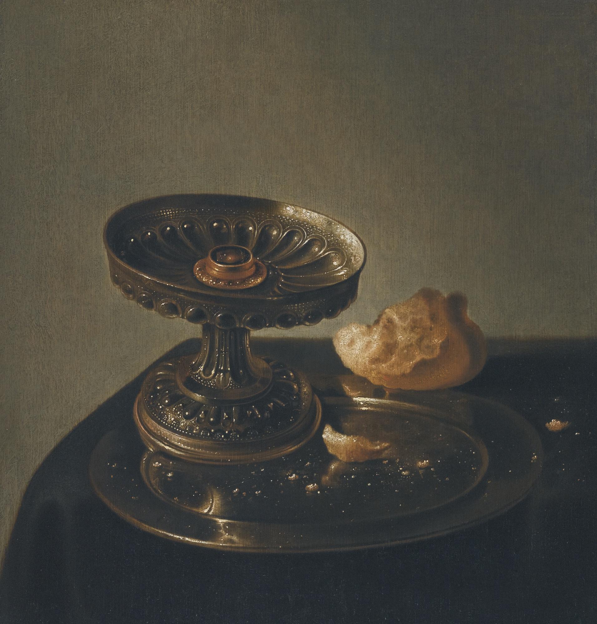 Still Life With A Tazza And Bread Roll On A Pewter Plate On A Draped Ledge  by Jan Jansz. Den Uyl The Elder