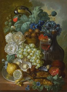 An Elaborate Basket Of Flowers And A Tazza With Grapes, On A Table Top by Jacob  van Hulsdonck