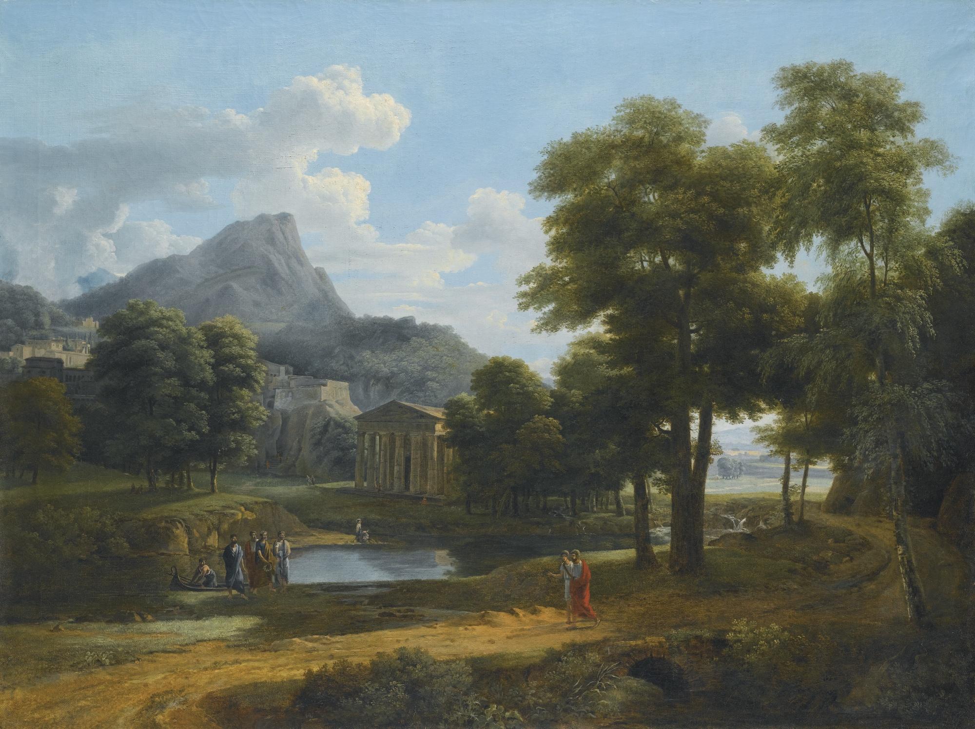 View of a brook in the countryside, a castle in the hillside above, with  Pâris and Oenone in the foreground, Master Paintings Part II, 2021