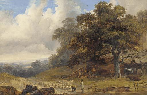 A shepherd with his flock in an extensive landscape by John Dearman ...