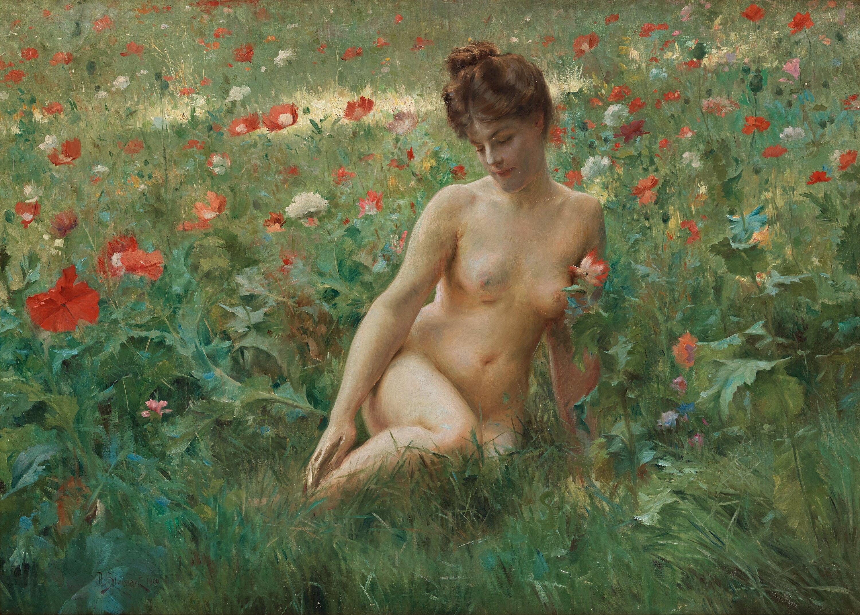 Poppy field with reclining nude by Julius Le Blanc Stewart | Art.Salon