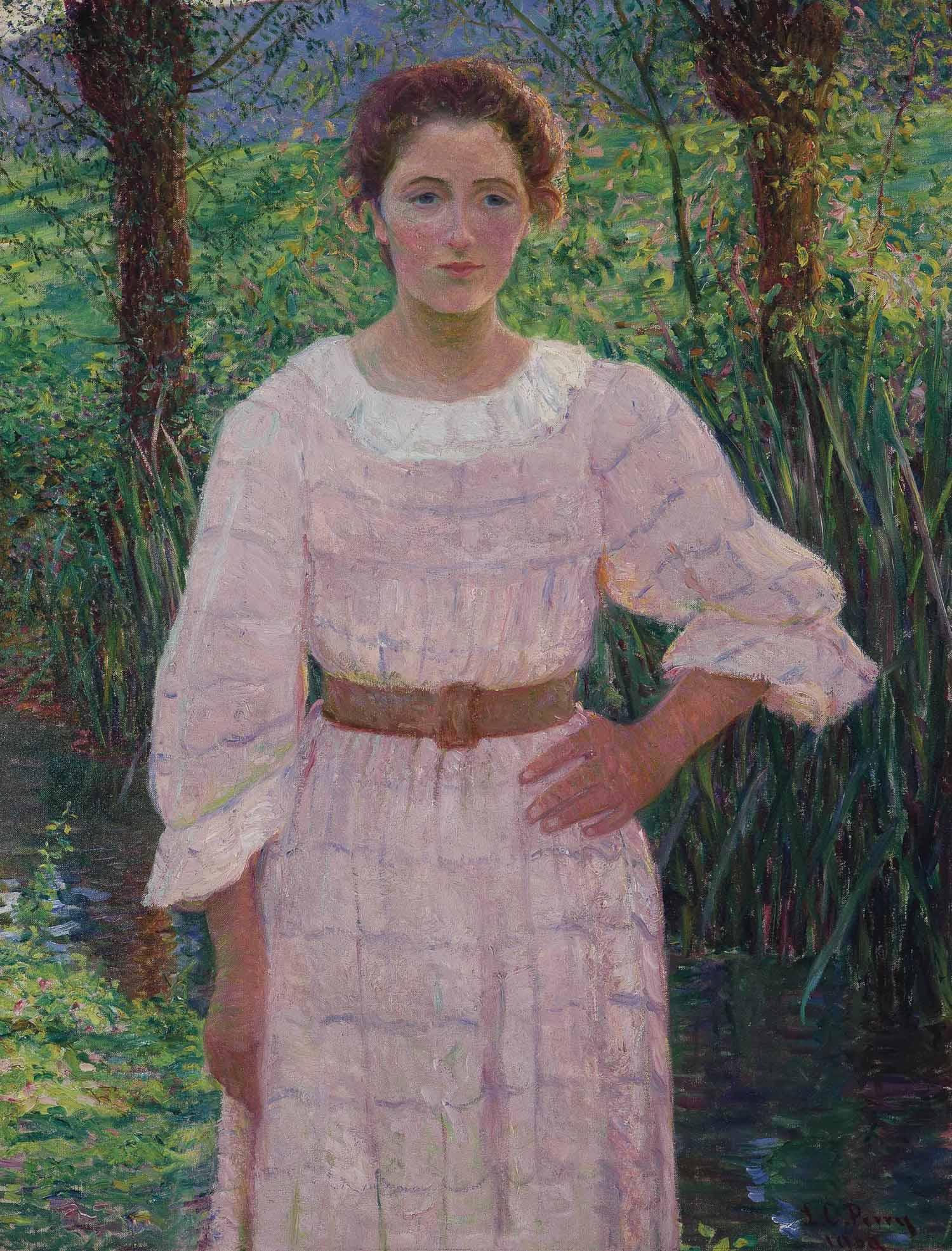 By the Brook Giverny France Woman in Pink Dress by Lilla Cabot