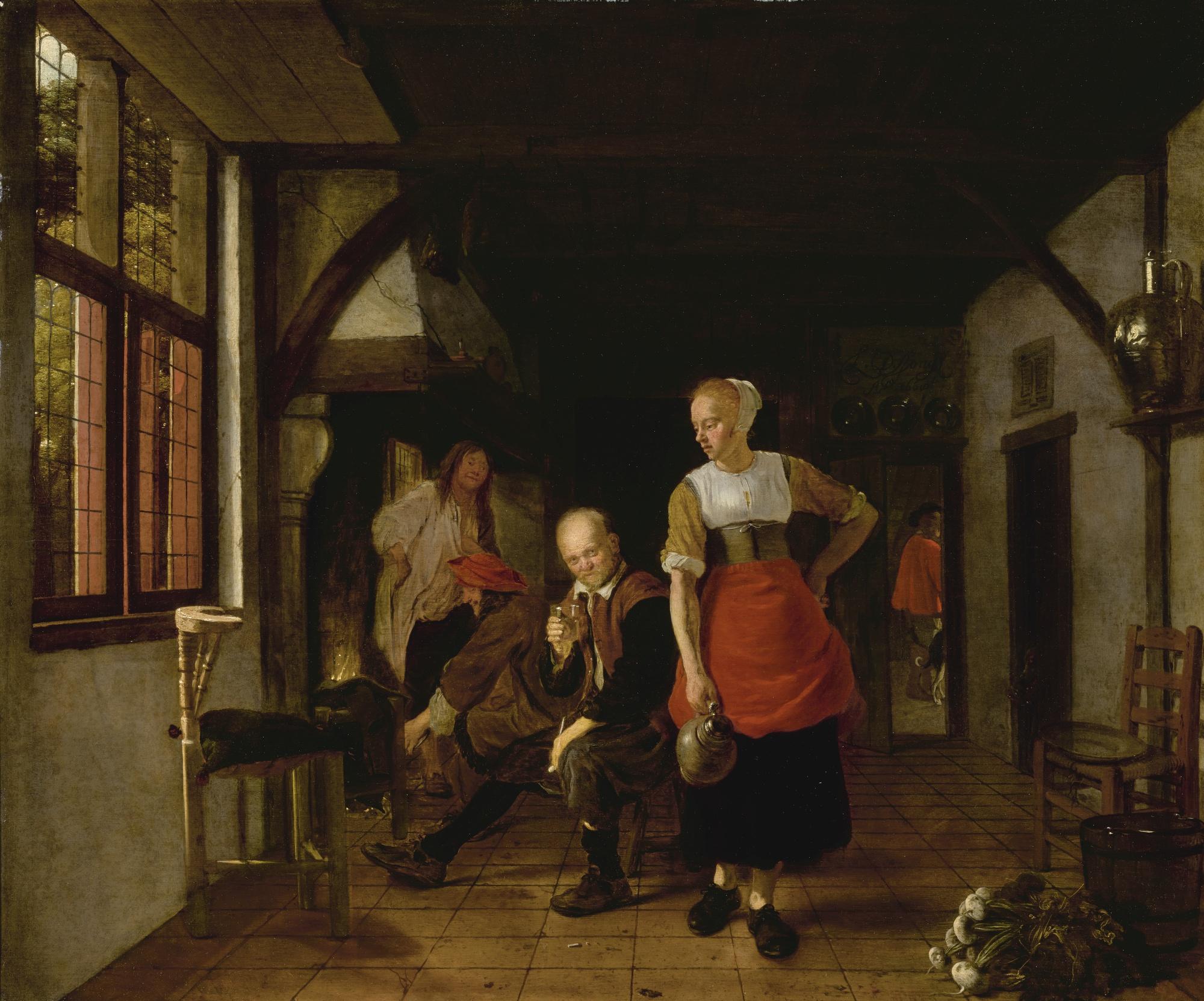 An Interior With A Maid Holding A Jug And Three Men Beside A Fire by  Ludolph De Jongh | Art.Salon