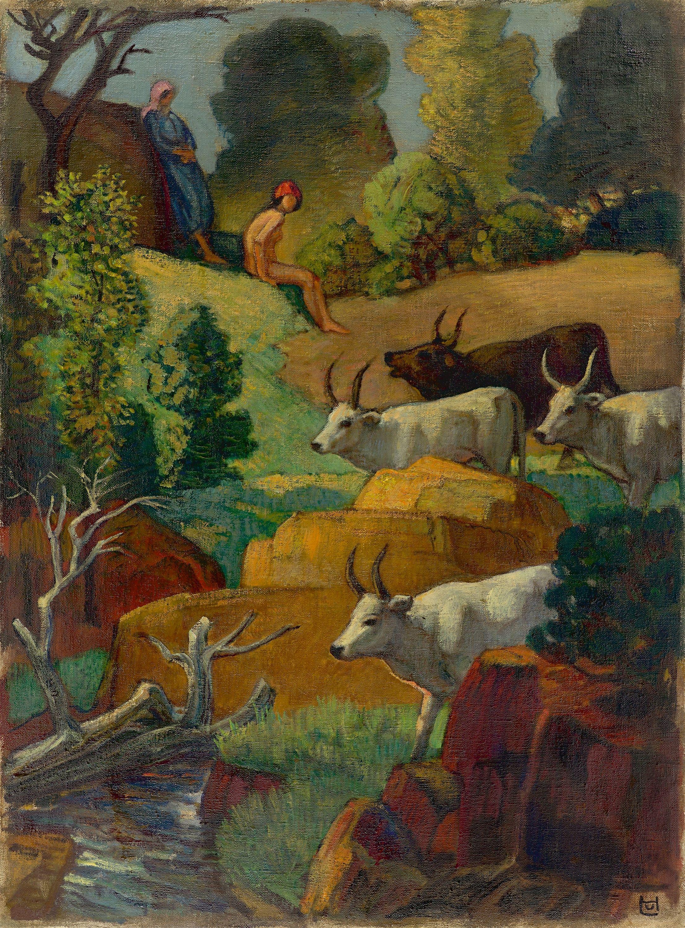 Rinder an der Tränke. by von Ludwig Hofmann