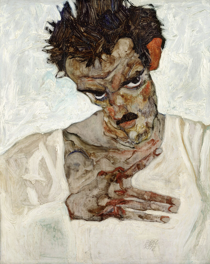 Egon Schiele, Selbstbildnis mit gesenktem Kopf, 1912, Öl auf Holz