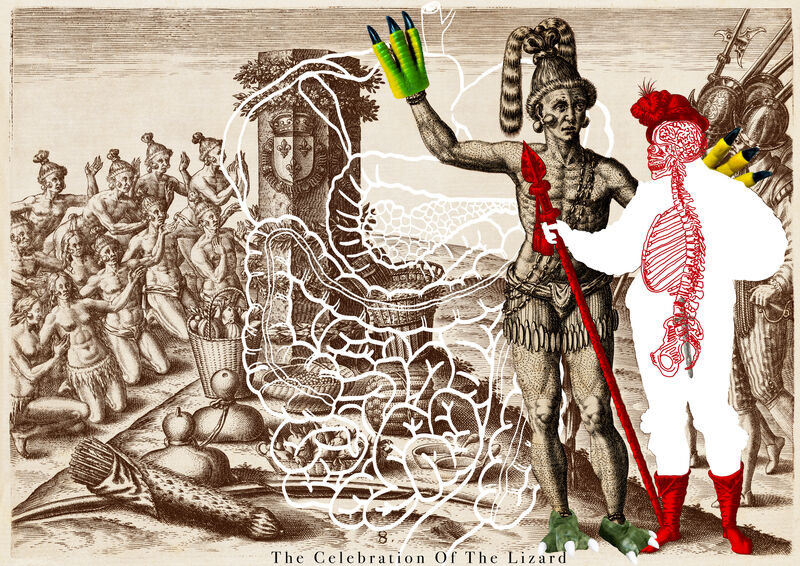 The Celebration of the Lizard, 2022, Denilson Baniwa (Amazonian and Brazilian, b. 1984), Digital intervention based on “Columnam à Praefecto Prima, Navigatione Locatam Venerantur Floridenses”, from Jacques Le Moyne de Morgues (French, ca. 1533–before 1588), Brevis Narratio Eorum Quae in Florida Americæ Provincia Gallis Acciderunt (Frankfurt, 1591), pl. 8