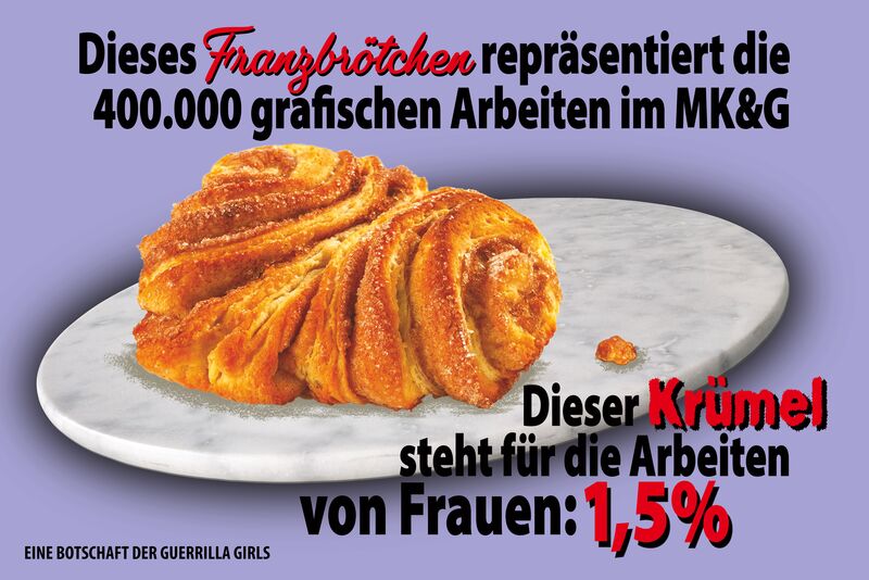 Dieses Franzbrötchen repräsentiert die 400.000 grafischen Arbeiten im MK&G – Dieser Krümel steht für die Arbeiten von Frauen: 1,5%, 2022