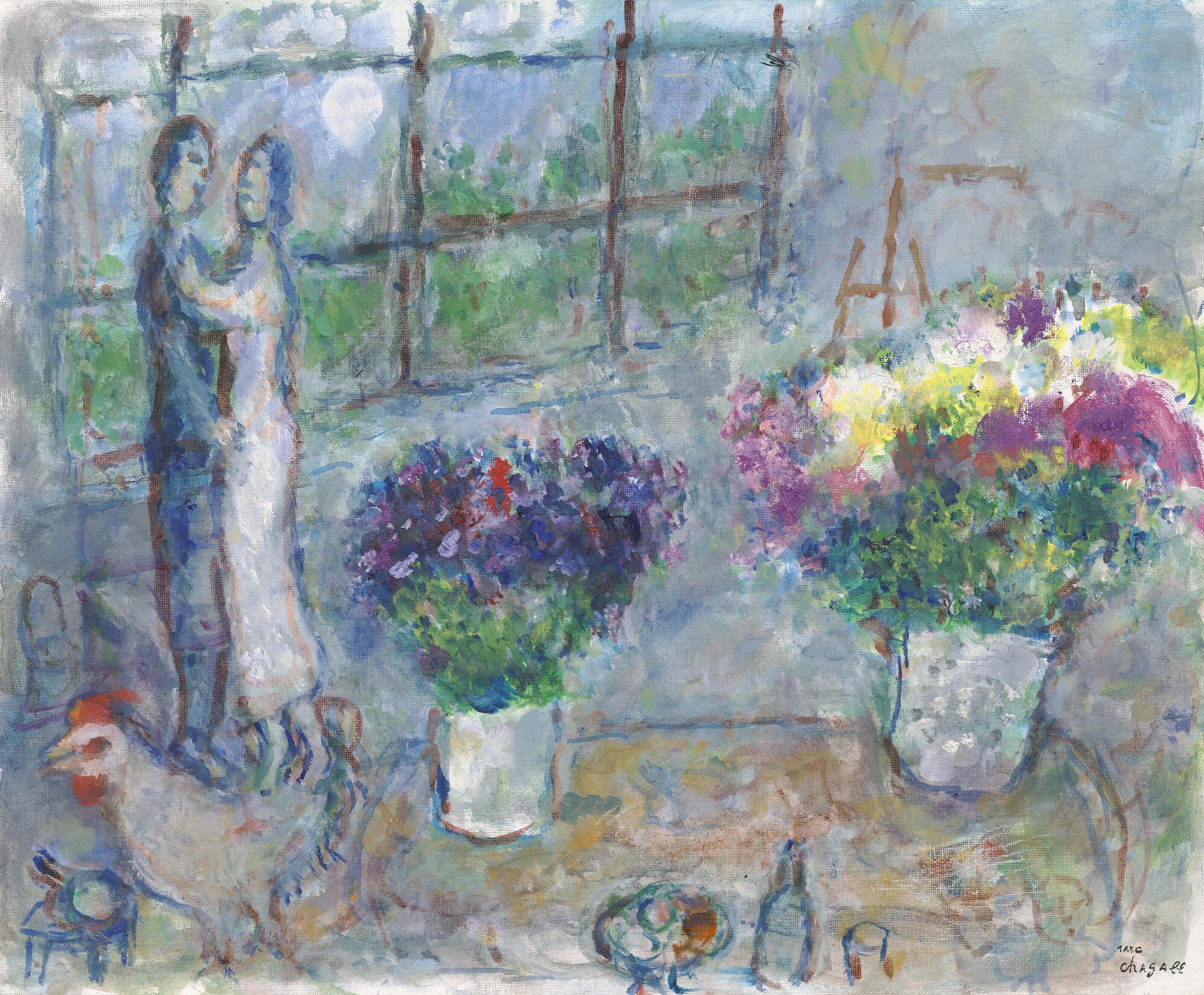Deux Bouquets Et Les Amoureux à Latelier By Marc Chagall Artsalon