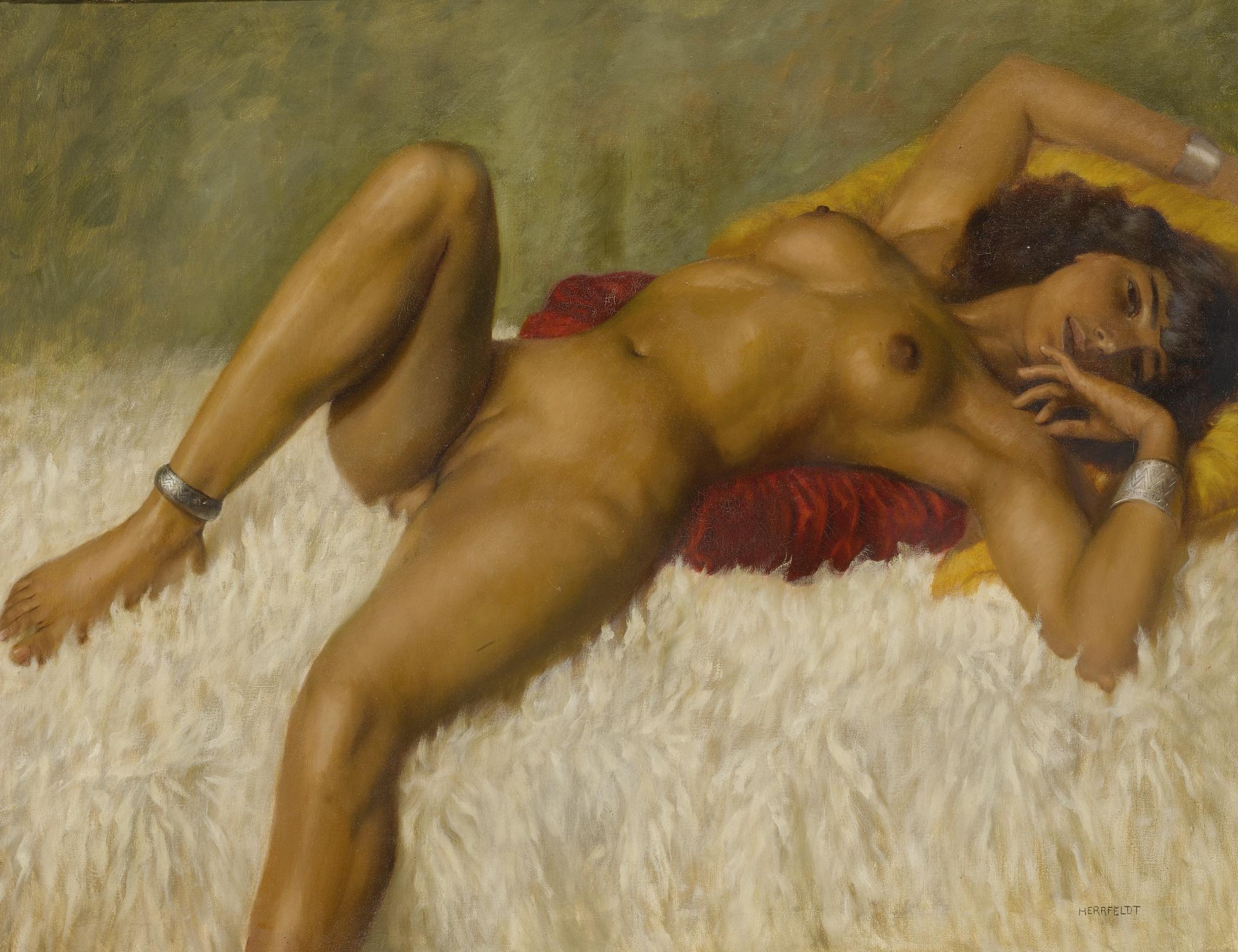 French reclining Nude On A Rug by Marcel Renée Herrfeldt | Art.Salon