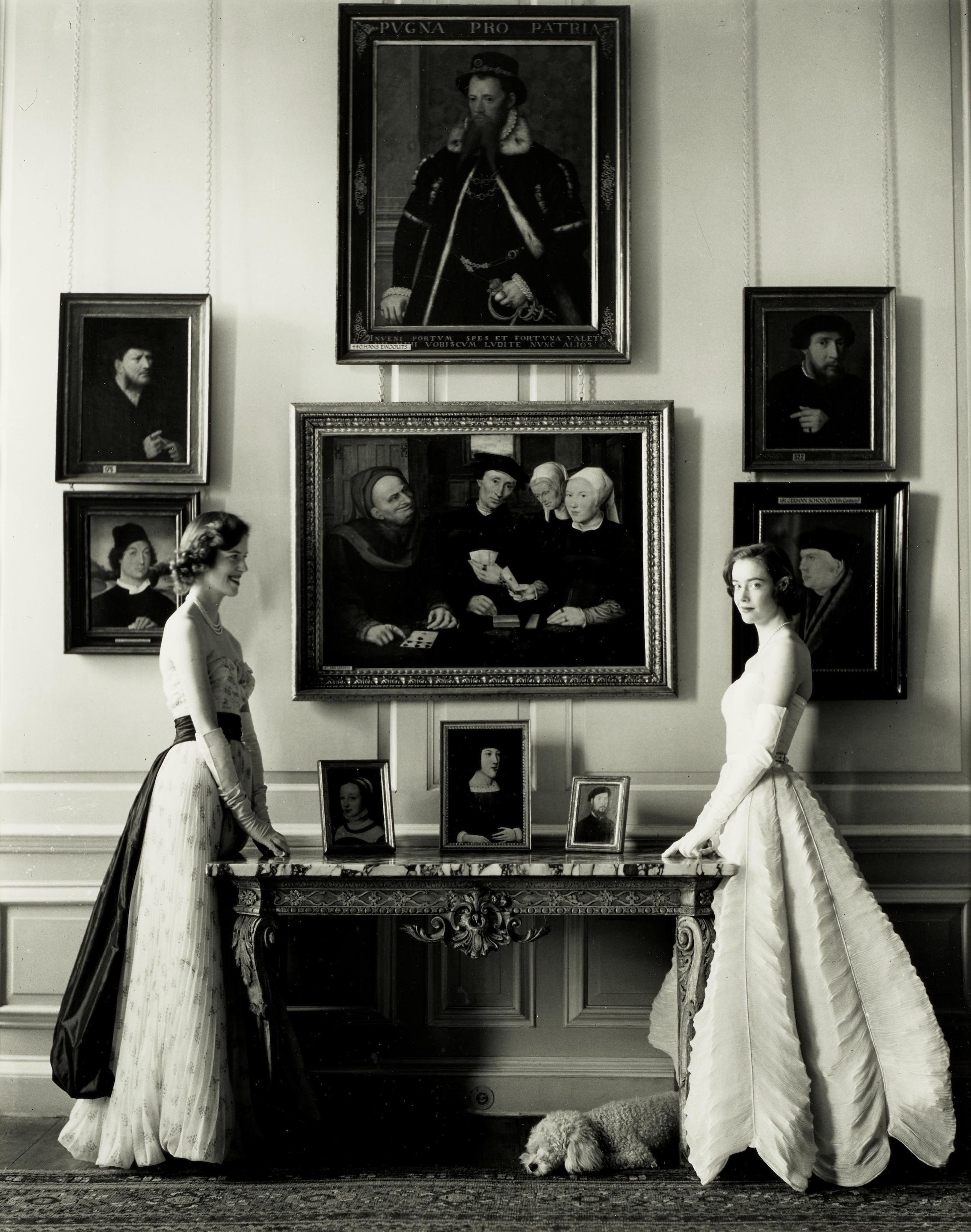 Lady Melissa and Lady Caroline Wyndham-Quin posing in Sybil Connolly ...