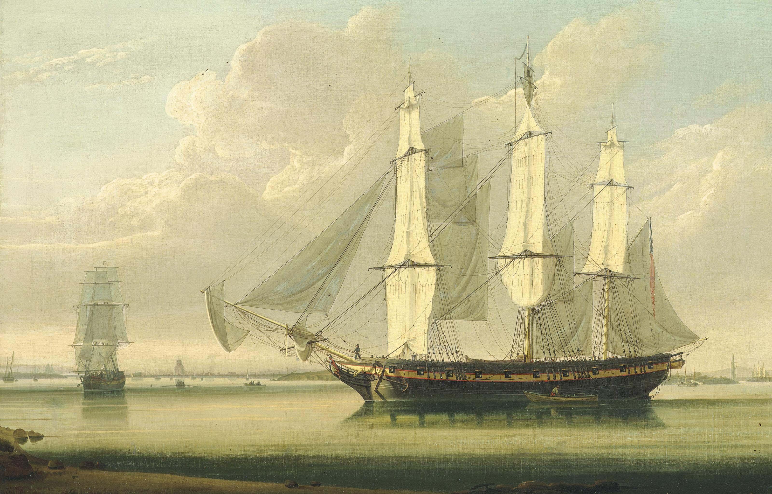 An Armed Packet Drifting Along The Thames Off Woolwich With Galleons ...