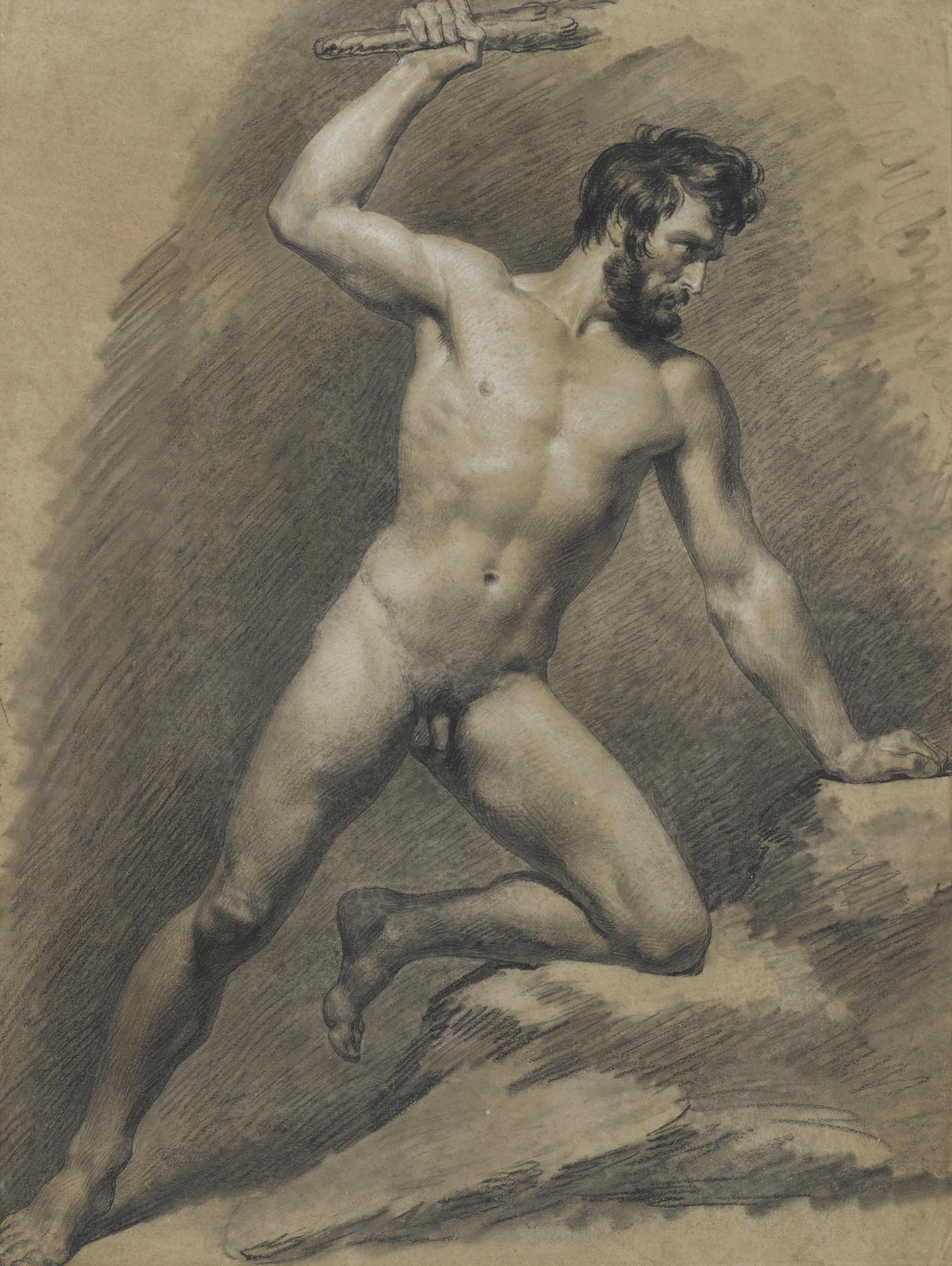 A study of a male nude wielding a club by Sir Edward John Poynter PRA, RWS  | Art.Salon