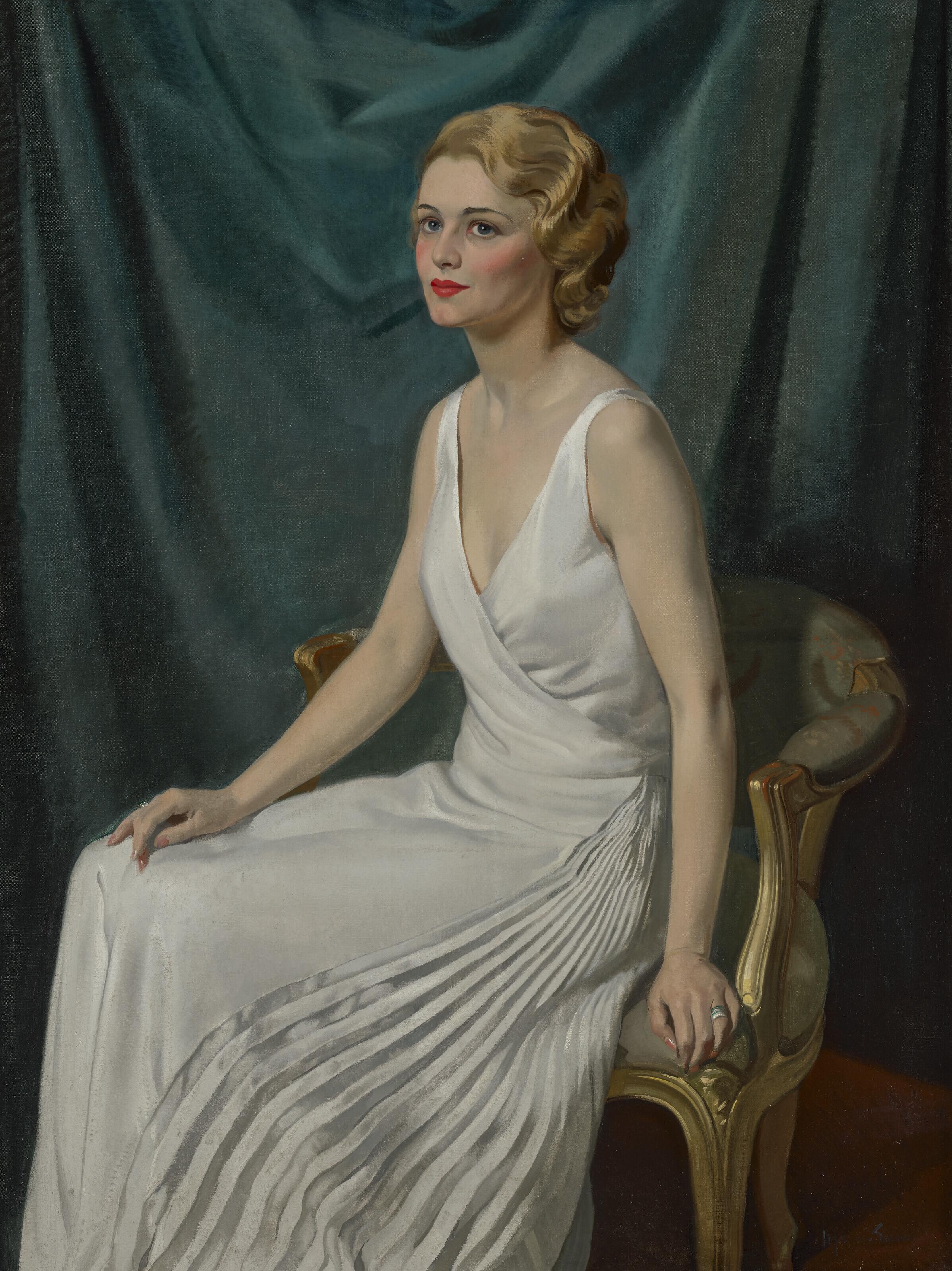 Madeleine Carroll (1906-1987), in a white evening gown, possibly by  Fortuny, c. 1931 by Sir Herbert James Gunn, R.A. | Art.Salon